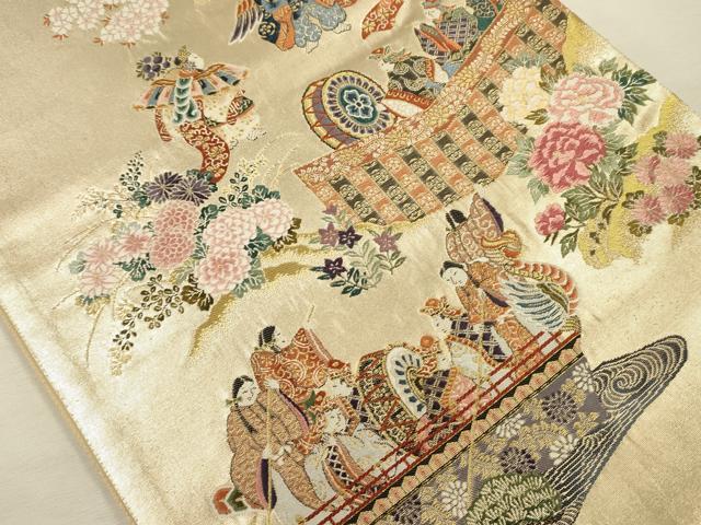 平和屋着物◎太鼓柄袋帯　唐織　王朝巻絵　金糸　正絹　逸品　DABI3959ya