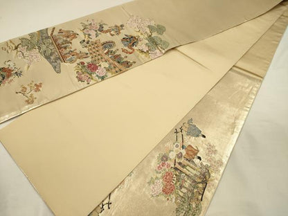平和屋着物◎太鼓柄袋帯　唐織　王朝巻絵　金糸　正絹　逸品　DABI3959ya