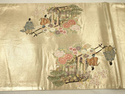平和屋着物◎太鼓柄袋帯　唐織　王朝巻絵　金糸　正絹　逸品　DABI3959ya