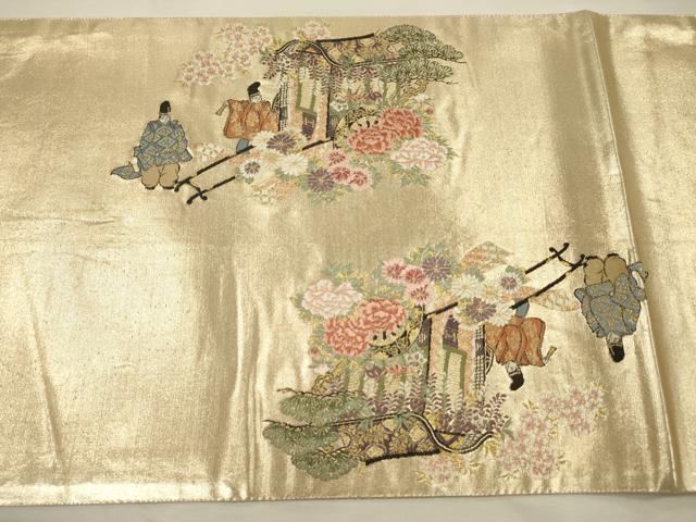 平和屋着物◎太鼓柄袋帯　唐織　王朝巻絵　金糸　正絹　逸品　DABI3959ya