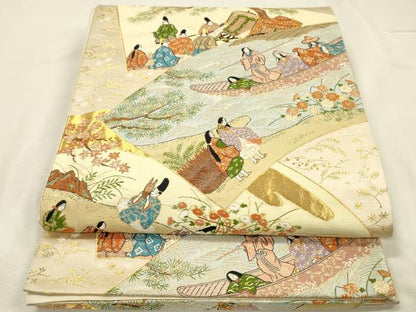 平和屋着物◎六通柄袋帯　地紙人物風景文　金糸　正絹　逸品　DABI3961ya
