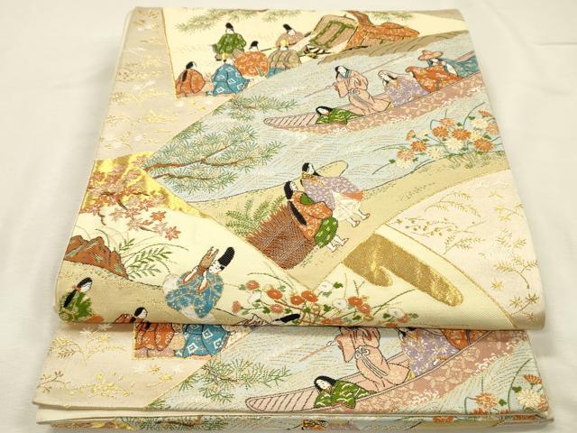 平和屋着物◎六通柄袋帯　地紙人物風景文　金糸　正絹　逸品　DABI3961ya