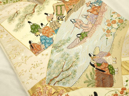 平和屋着物◎六通柄袋帯　地紙人物風景文　金糸　正絹　逸品　DABI3961ya