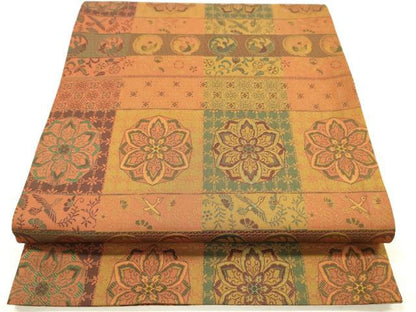 平和屋着物◎両面　全通柄袋帯　更紗花鳥文　紹巴　正絹　逸品　DABI3968ya