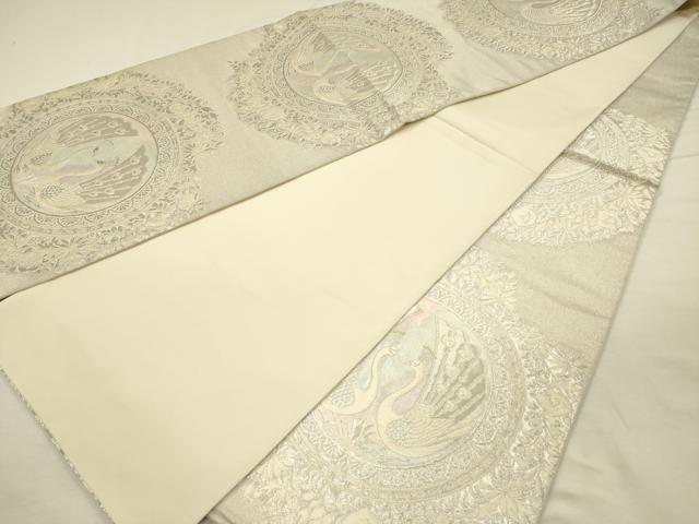 平和屋着物◎六通柄袋帯　唐織　孔雀花文　銀糸　正絹　逸品　DABI3969ya