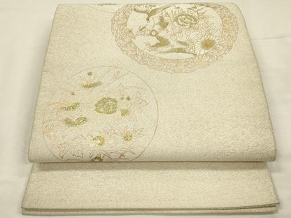 平和屋着物◎綴れ　太鼓柄袋帯　絵皿花鳥文　金彩　正絹　逸品　DABI3972ya
