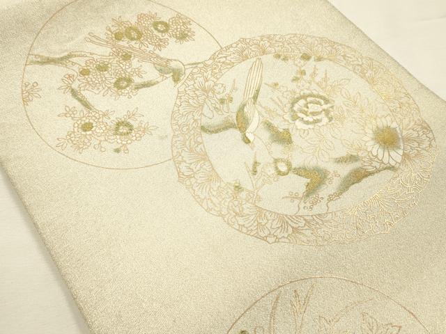 平和屋着物◎綴れ　太鼓柄袋帯　絵皿花鳥文　金彩　正絹　逸品　DABI3972ya