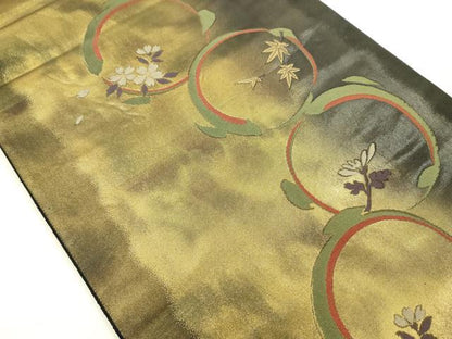 平和屋着物◎六通柄袋帯　花丸文　黒地　金糸　引箔　正絹　逸品　DABI3979ya