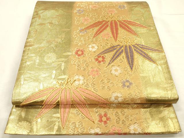 平和屋着物◎六通柄袋帯　唐織　花唐草文　笹の葉　金糸　正絹　逸品　DABI3985ya