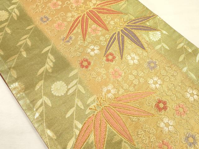 平和屋着物◎六通柄袋帯　唐織　花唐草文　笹の葉　金糸　正絹　逸品　DABI3985ya