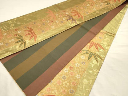 平和屋着物◎六通柄袋帯　唐織　花唐草文　笹の葉　金糸　正絹　逸品　DABI3985ya