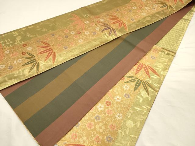 平和屋着物◎六通柄袋帯　唐織　花唐草文　笹の葉　金糸　正絹　逸品　DABI3985ya