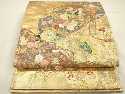 平和屋着物◎六通柄袋帯　唐織　花蝶文箱文　陶漆箔　金糸　正絹　逸品　DABI3987ya