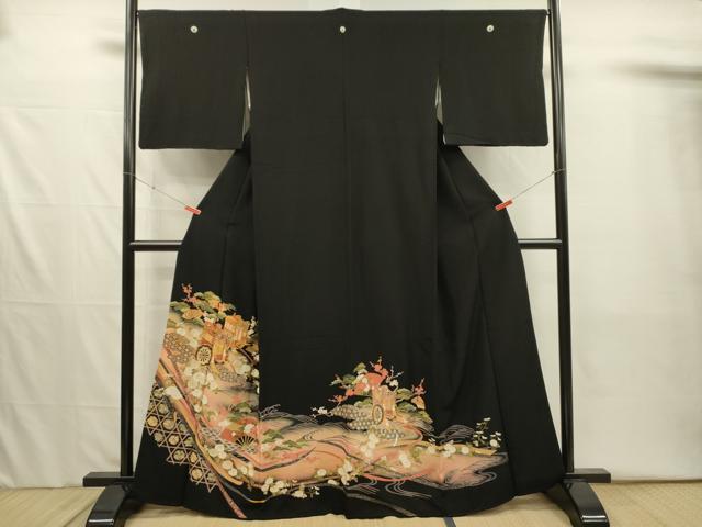 平和屋着物■豪華黒留袖　駒刺繍　扇面御所車花文　暈し染め　金彩　正絹　逸品　DABI3999ya