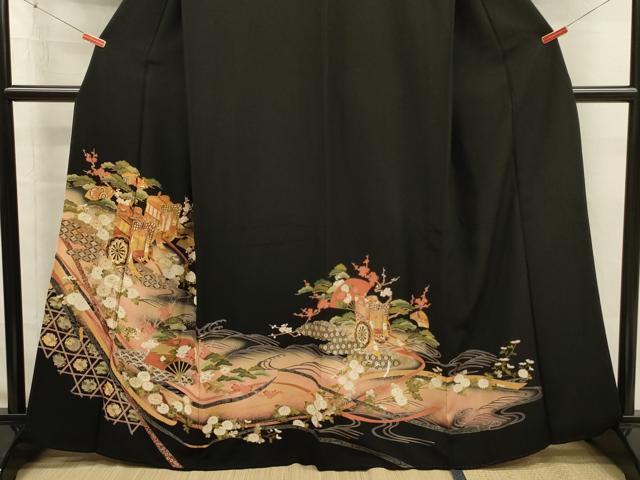 平和屋着物■豪華黒留袖　駒刺繍　扇面御所車花文　暈し染め　金彩　正絹　逸品　DABI3999ya