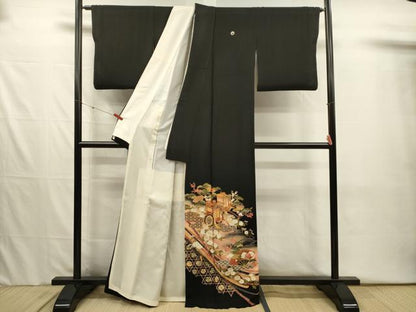 平和屋着物■豪華黒留袖　駒刺繍　扇面御所車花文　暈し染め　金彩　正絹　逸品　DABI3999ya
