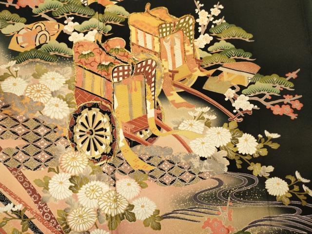 平和屋着物■豪華黒留袖　駒刺繍　扇面御所車花文　暈し染め　金彩　正絹　逸品　DABI3999ya