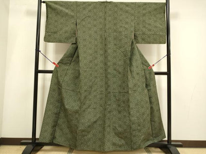平和屋着物▽上質な紬　単衣　麻の葉文様　正絹　逸品　DABI4004du