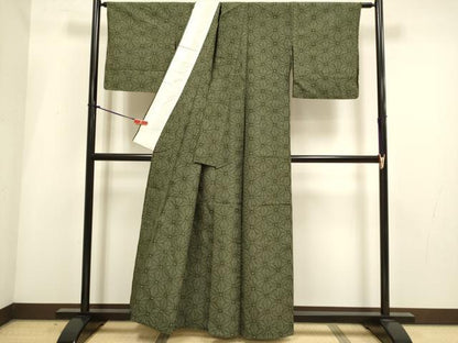 平和屋着物▽上質な紬　単衣　麻の葉文様　正絹　逸品　DABI4004du
