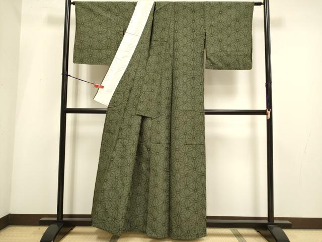 平和屋着物▽上質な紬　単衣　麻の葉文様　正絹　逸品　DABI4004du