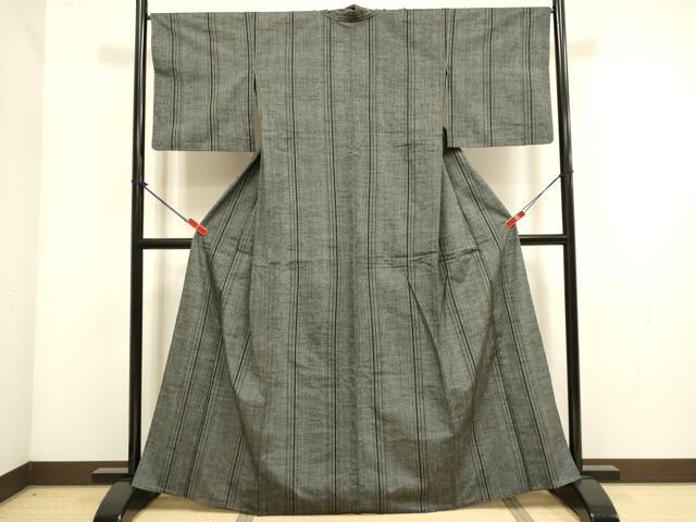 平和屋着物▽上質な紬　単衣　縞　正絹　逸品　DABI4007du