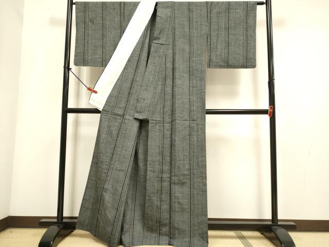 平和屋着物▽上質な紬　単衣　縞　正絹　逸品　DABI4007du