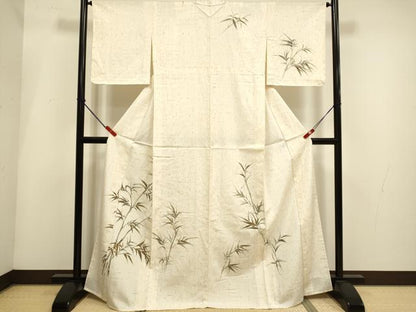 平和屋着物▽訪問着　単衣　紬地　手描き　笹竹文　正絹　逸品　DABI4009du