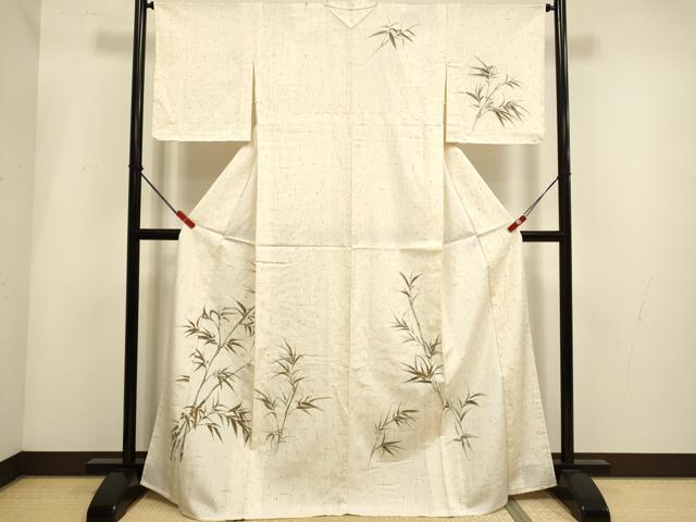 平和屋着物▽訪問着　単衣　紬地　手描き　笹竹文　正絹　逸品　DABI4009du