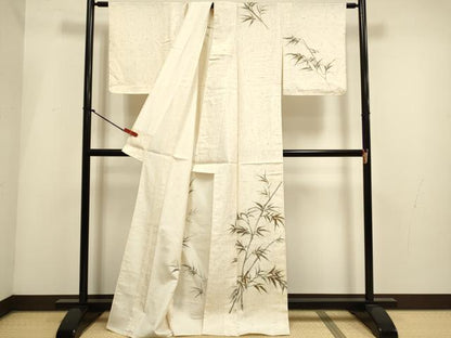 平和屋着物▽訪問着　単衣　紬地　手描き　笹竹文　正絹　逸品　DABI4009du