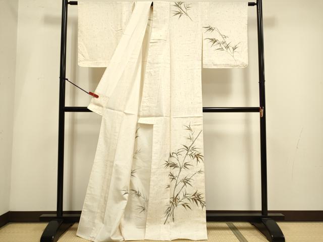 平和屋着物▽訪問着　単衣　紬地　手描き　笹竹文　正絹　逸品　DABI4009du