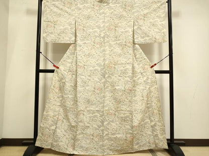 平和屋着物▽上質な紬　単衣　花鳥文　正絹　逸品　DABI4011du