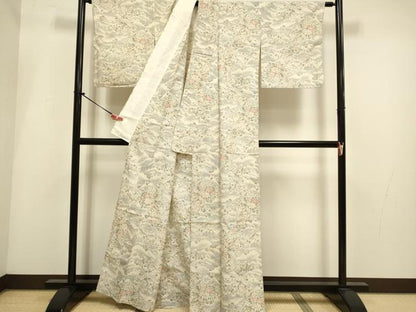 平和屋着物▽上質な紬　単衣　花鳥文　正絹　逸品　DABI4011du
