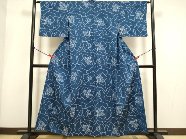 平和屋着物▽上質な紬　単衣　薔薇　正絹　逸品　DABI4014du