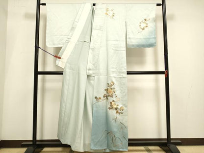 平和屋着物▽訪問着　単衣　花蝶文　暈し染め　金彩　正絹　逸品　DABI4017du
