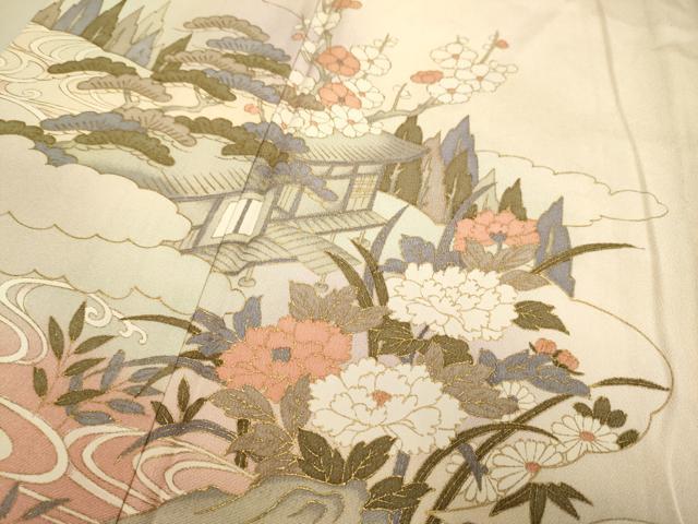平和屋着物▽訪問着　単衣　風景花文　暈し染め　金彩　ロング丈　正絹　逸品　DABI4022du