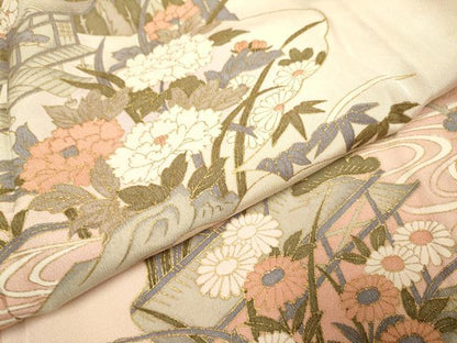 平和屋着物▽訪問着　単衣　風景花文　暈し染め　金彩　ロング丈　正絹　逸品　DABI4022du