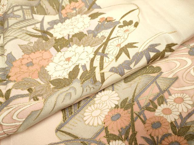 平和屋着物▽訪問着　単衣　風景花文　暈し染め　金彩　ロング丈　正絹　逸品　DABI4022du