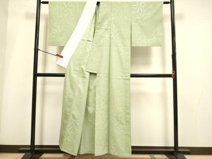 平和屋着物▽上質な色無地　単衣　舞花地紋　お召縮緬　鶸茶色　正絹　逸品　DABI4025du