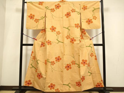 平和屋着物▽上質な紬　単衣　枝梅文　正絹　逸品　DABI4032du