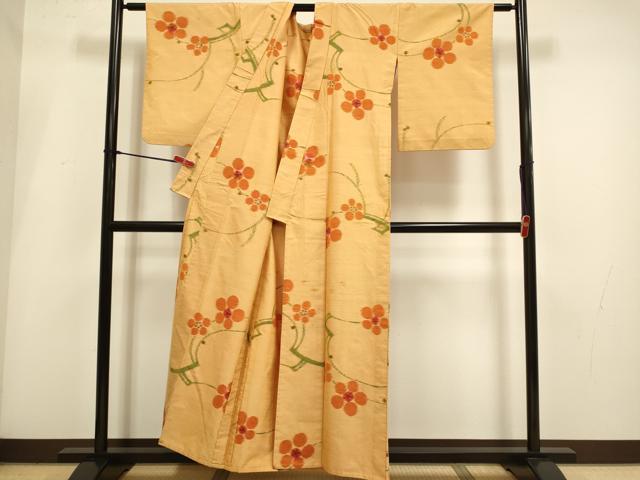 平和屋着物▽上質な紬　単衣　枝梅文　正絹　逸品　DABI4032du