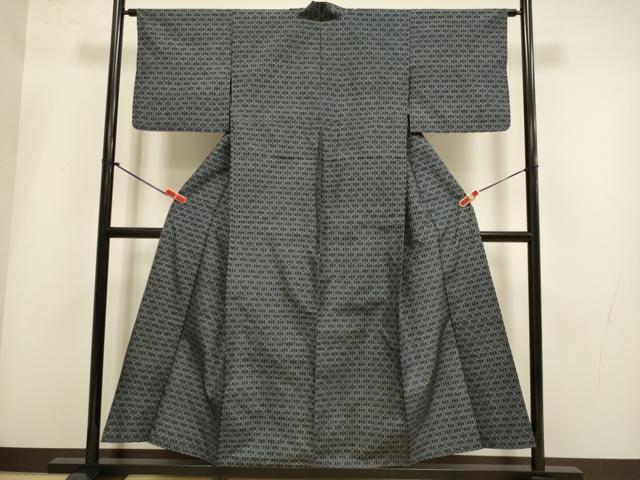 平和屋着物▽上質な紬　単衣　幾何学文様　正絹　逸品　DABI4035du