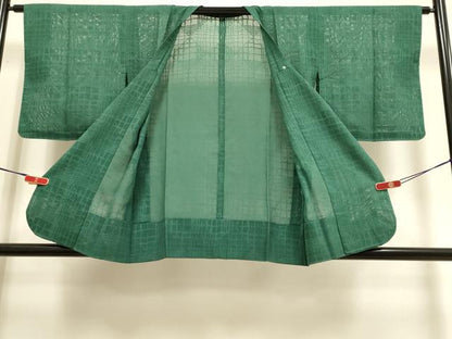 平和屋着物▽道行コート　スリーシーズン　春夏秋　塵除け　格子柄　木賊色　正絹　逸品　DABI4059du