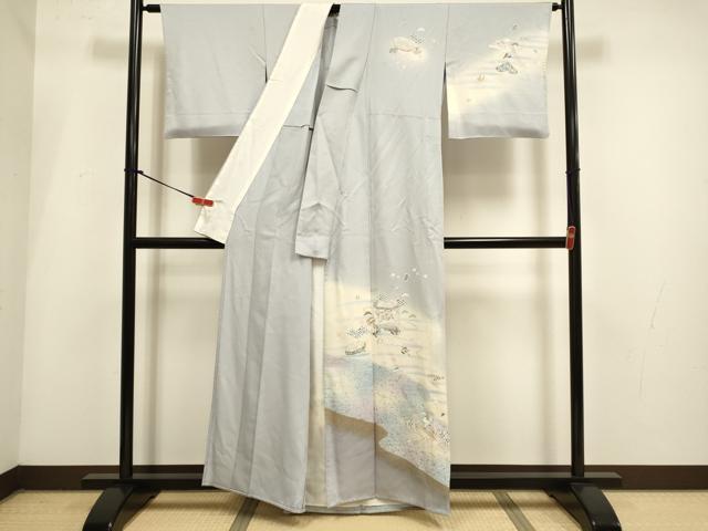 平和屋着物▽訪問着　単衣　貝桶吉祥花鳥文　暈し染め　金彩　正絹　逸品　DABI4063du