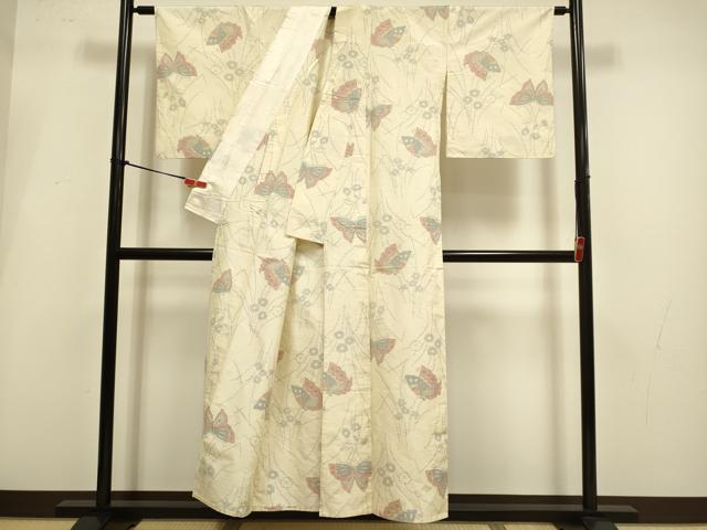 平和屋着物▽上質な紬　単衣　舞蝶花文　正絹　逸品　DABI4078du