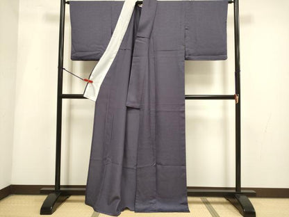 平和屋着物▽上質な色無地　単衣　草花地紋　濃い葡萄鼠色　正絹　逸品　DABI4085du