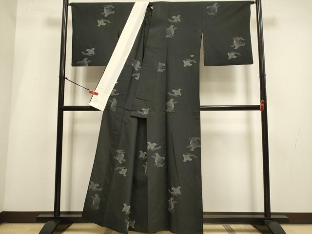 平和屋着物▽上質な紬　単衣　千鳥　三越扱い　正絹　逸品　DABI4091du