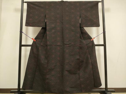 平和屋着物▽上質な紬　単衣　麻の葉文様　正絹　逸品　DABI4093du