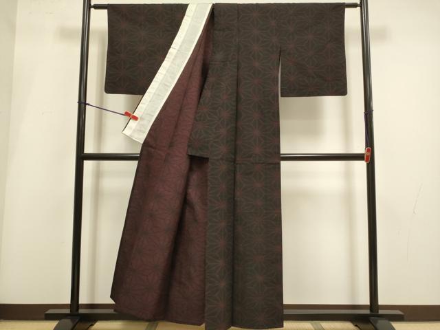 平和屋着物▽上質な紬　単衣　麻の葉文様　正絹　逸品　DABI4093du