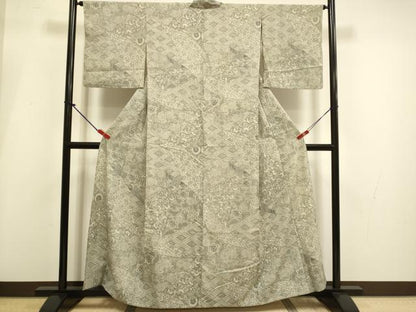 平和屋着物▽上質な小紋　単衣　紬地　型染　草花文　正絹　逸品　DABI4094du