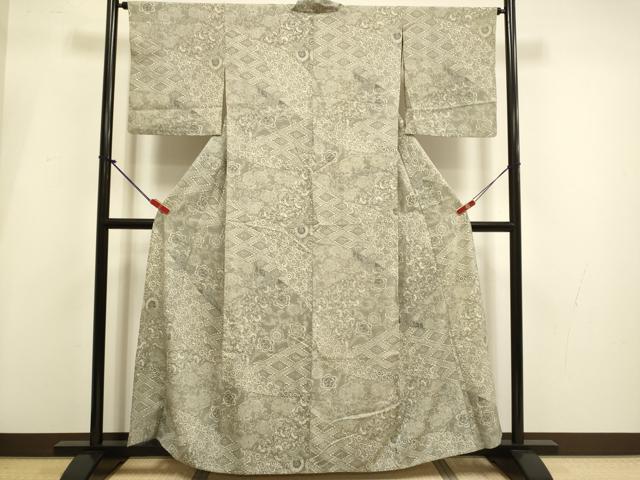 平和屋着物▽上質な小紋　単衣　紬地　型染　草花文　正絹　逸品　DABI4094du